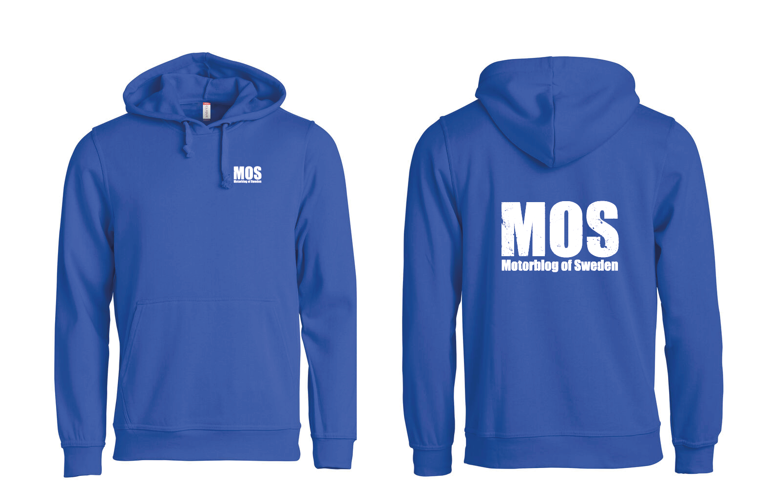 Blå HOODTRÖJA "MOS" litet fram & stort rygg