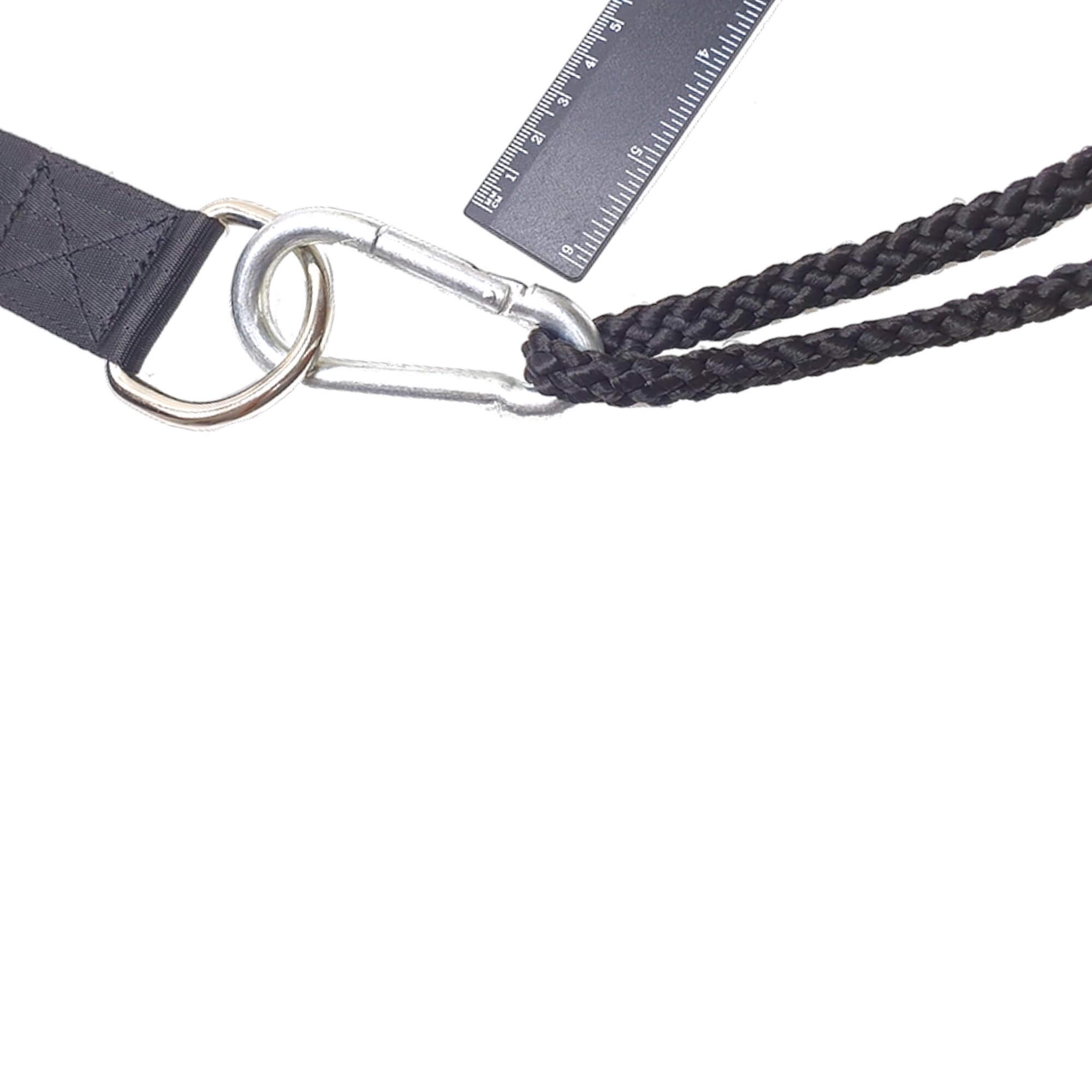 Förstärkt bältes-sele med reflexband och extremt slitstark flätad nylonsnara med avtagbar stål karbinhake.