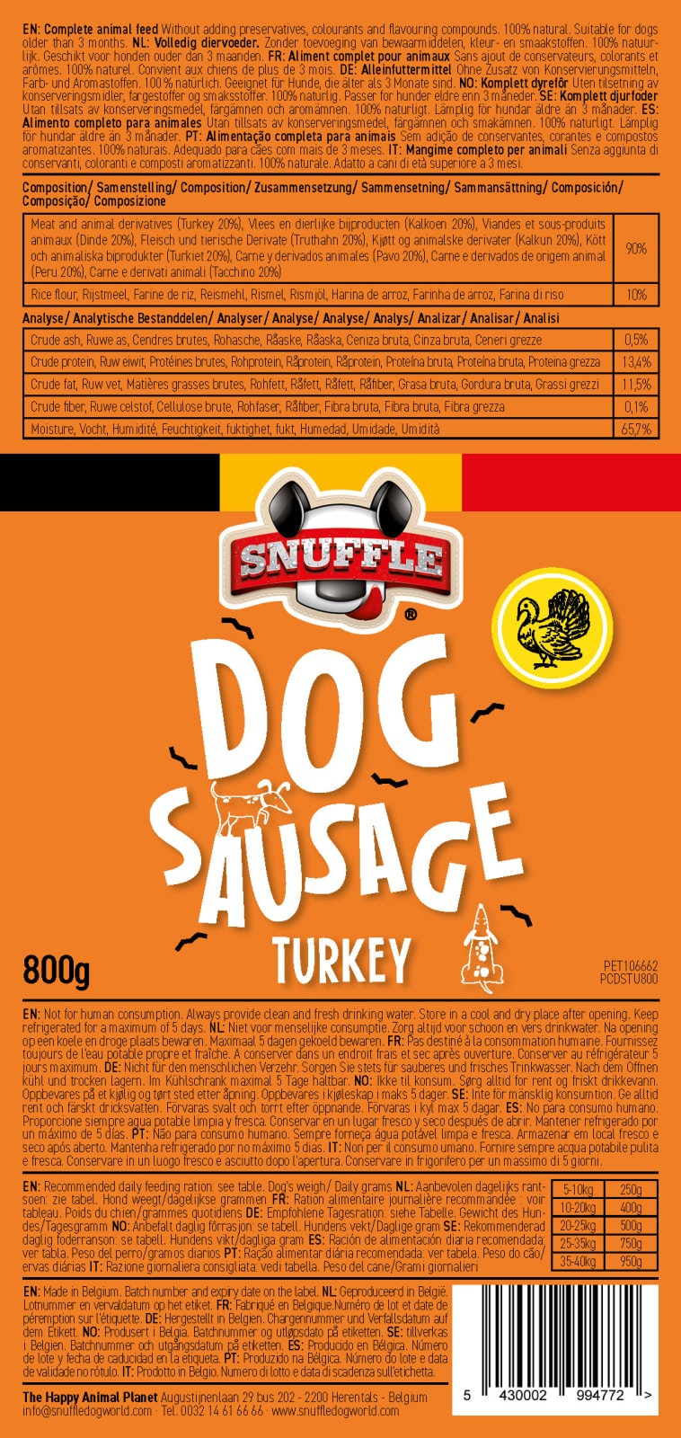 Hundepølse Snuffle Kalkun 800g