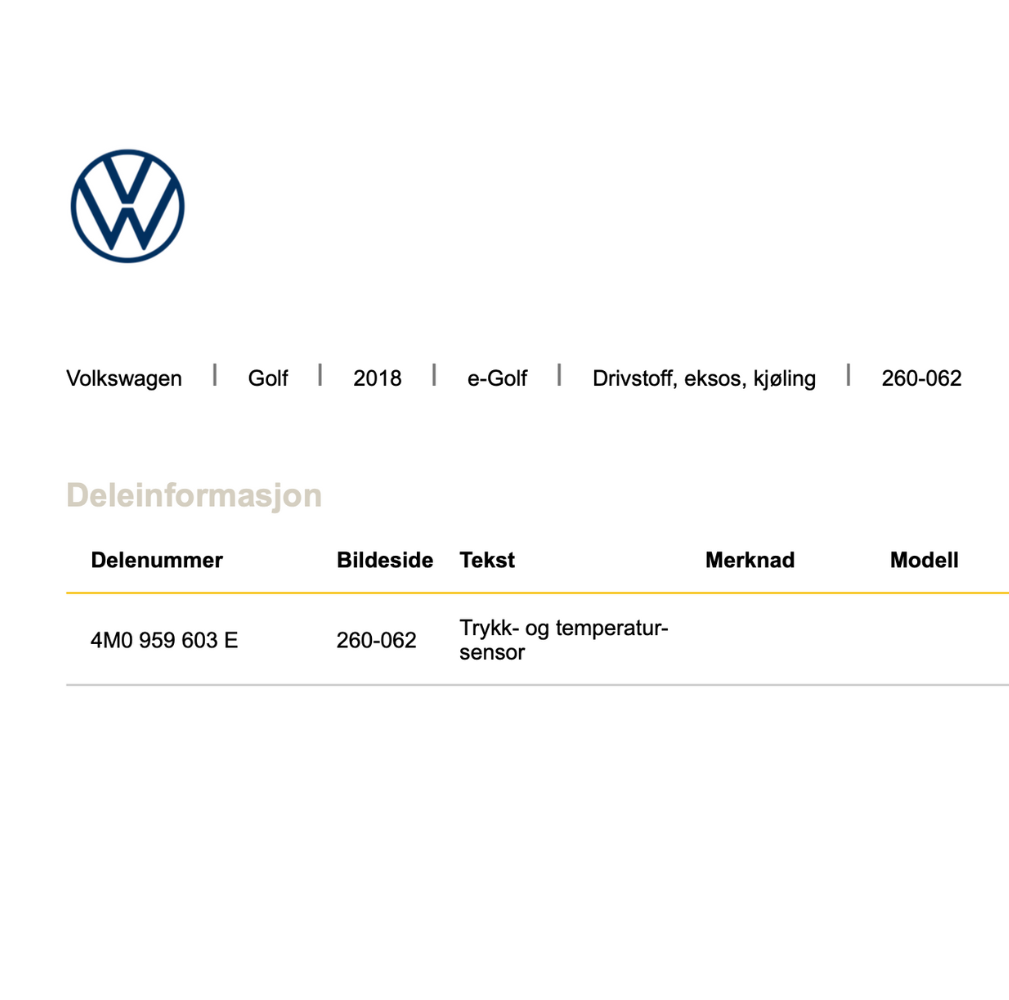 Trykksensor Volkswagen OE 4M0959603E