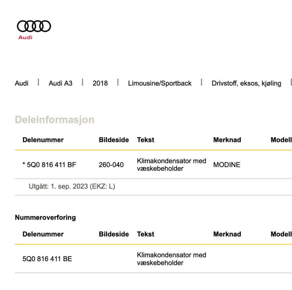 Klimakondensator med væskebeholder   Audi A3  OE 5Q0 816 411 BE