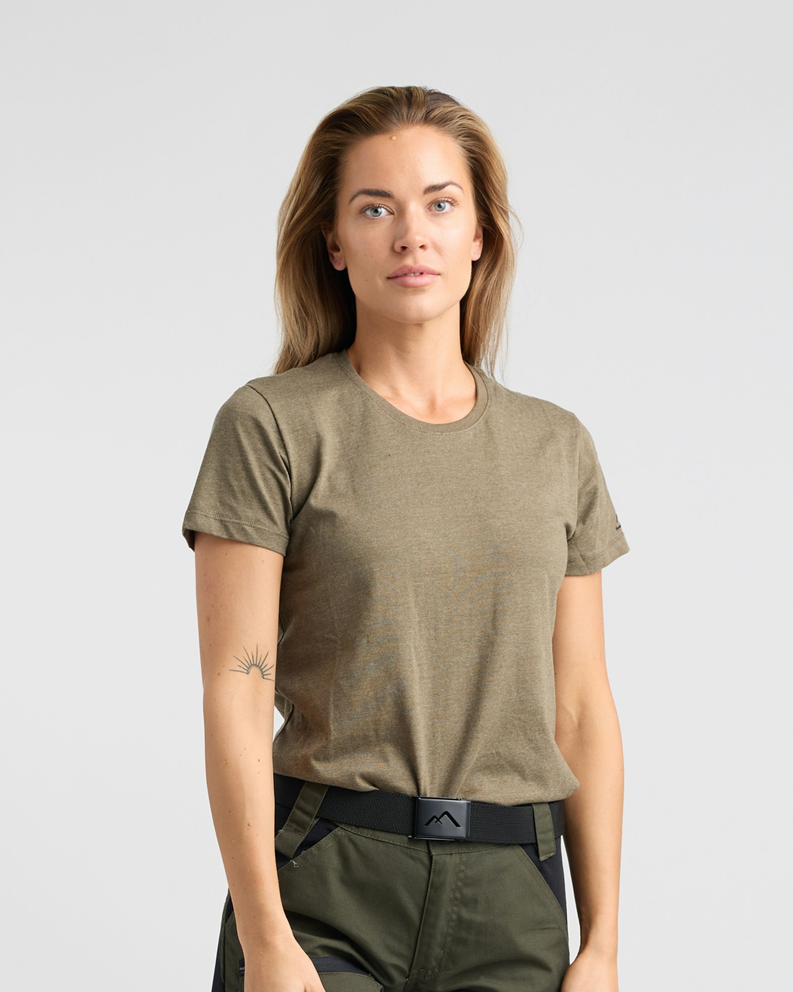Grön-Melange T-shirt Dam i Bomull, Funktionell Bas för Friluftslivet