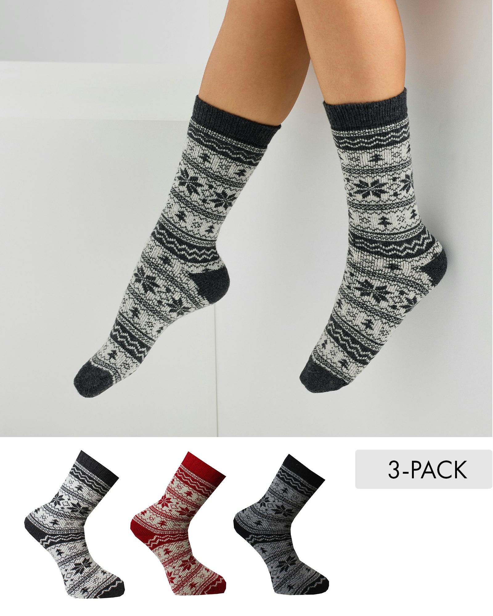 Ullsockar Helfrotté Mönstrade i 3-pack