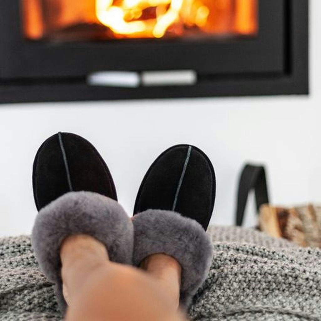 NANCY Fårskinn Slippers, Black/Grey