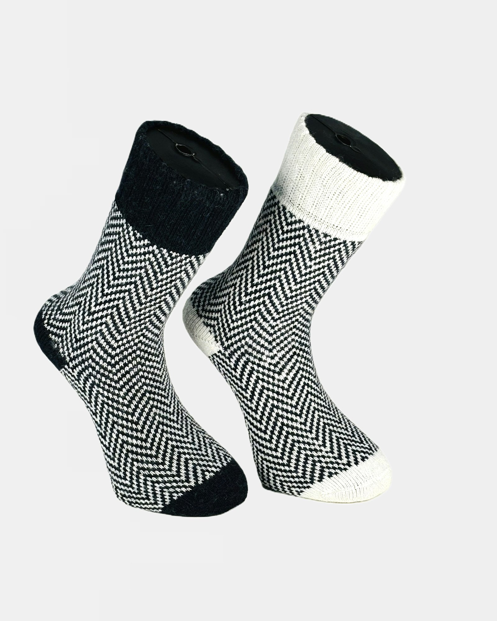 Frottéstickade Ullsockar Zickzack Svart/Vit 2-pack