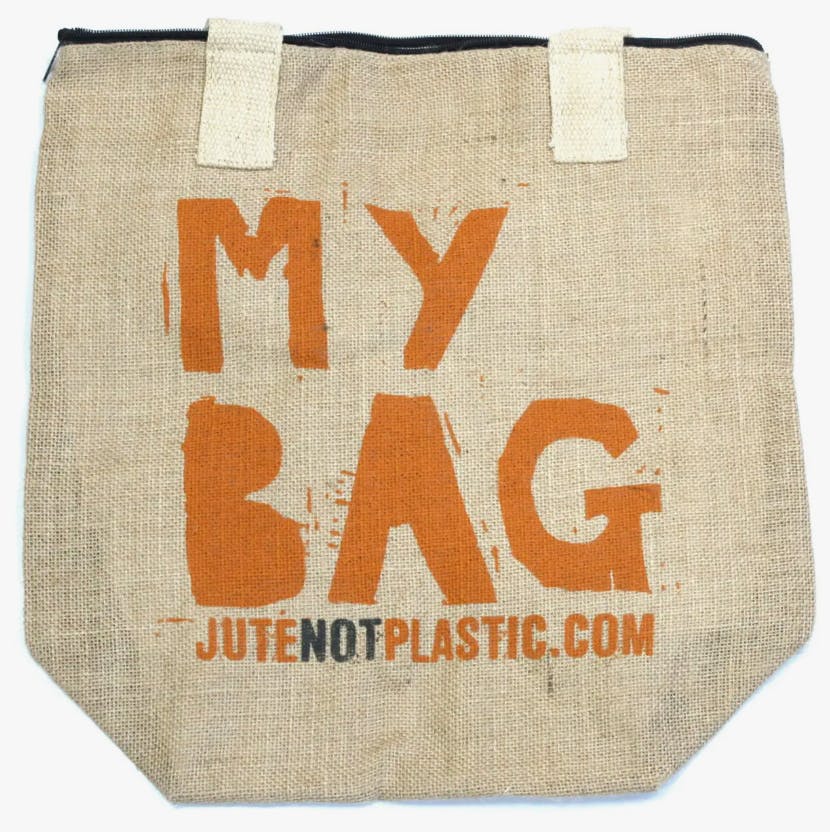 Väska av jute "Not plastic", orange
