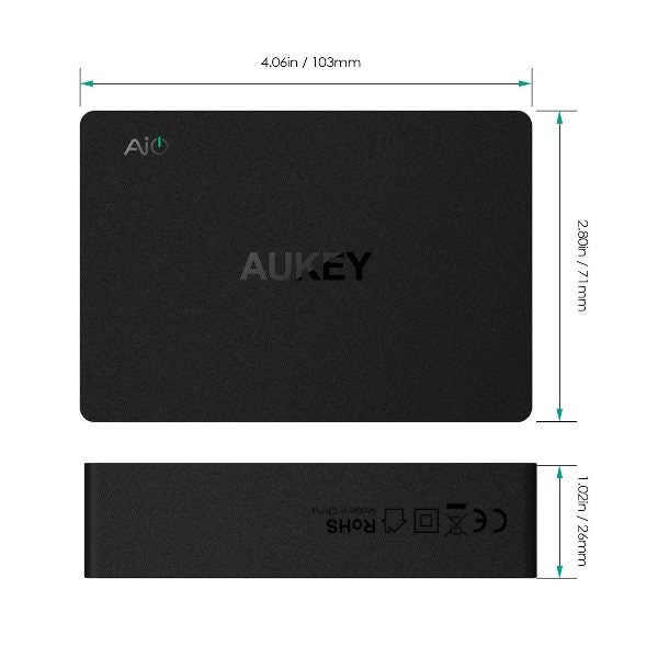 Aukey mobilladdare med 6 uttag och Quick Charge 3.0 - mått