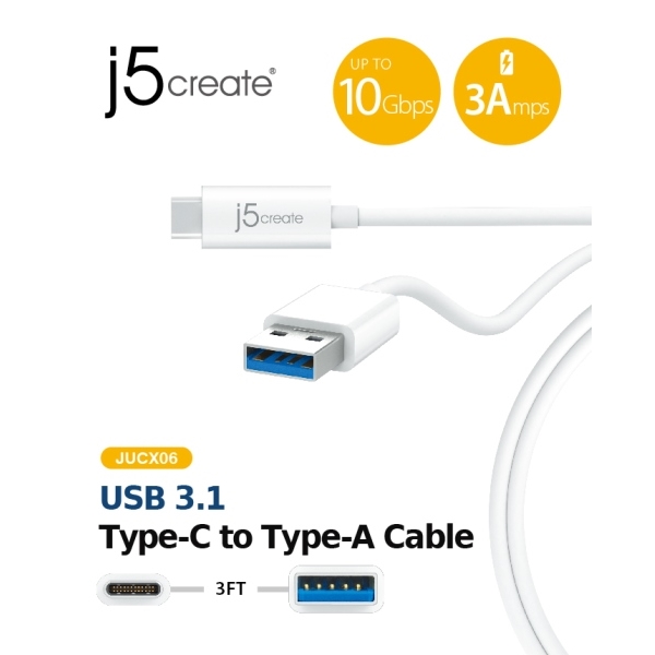 j5create USB-C - USB-A synk- och laddkabel, 90cm - USB3.1
