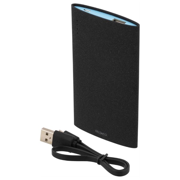 Deltaco Slim powerbank med 3000mAh och 2,1A med USB sladd - svart