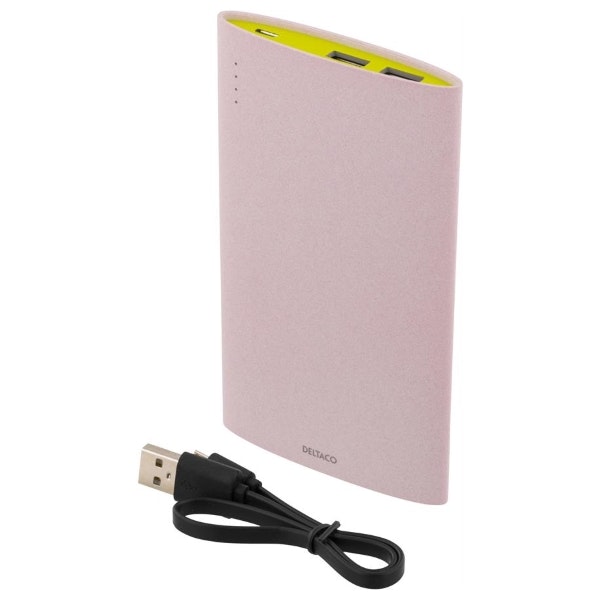Deltaco Slim powerbank med 6000mAh och 2,1A med USB sladd - rosa