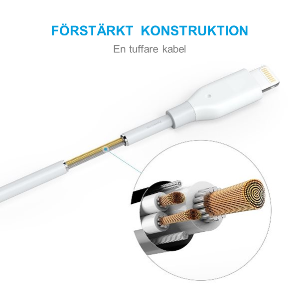 Anker PowerLine Lightning USB kabel - vit, 90cm med stark konstruktion