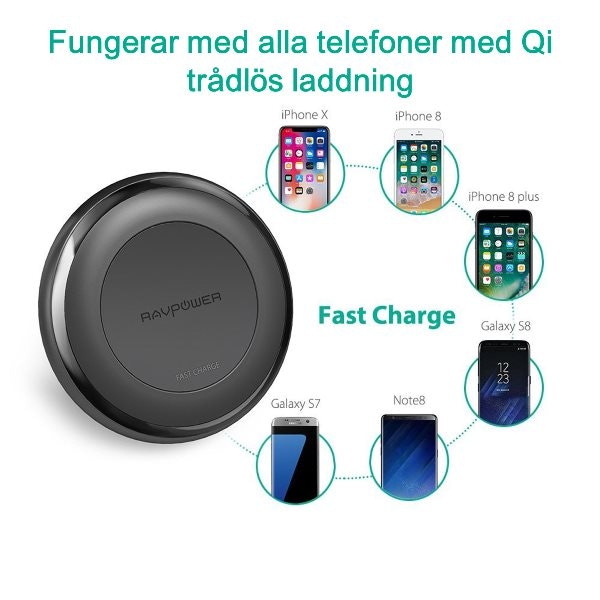 RAVPower snabb trådlös laddare laddar alla Qi telefoner