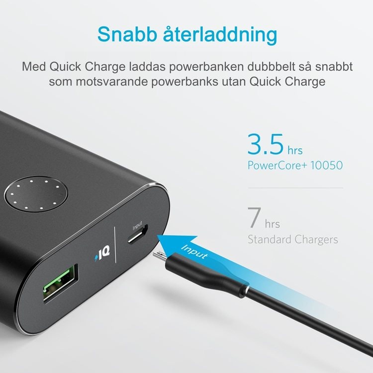 PowerCore plus 10050 QC3 powerbank svart laddas snabbt med Quick Charge