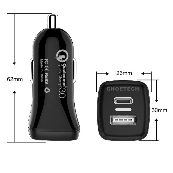 Choetech mobilladdare för bilen med QC 3.0 & USB-C mått