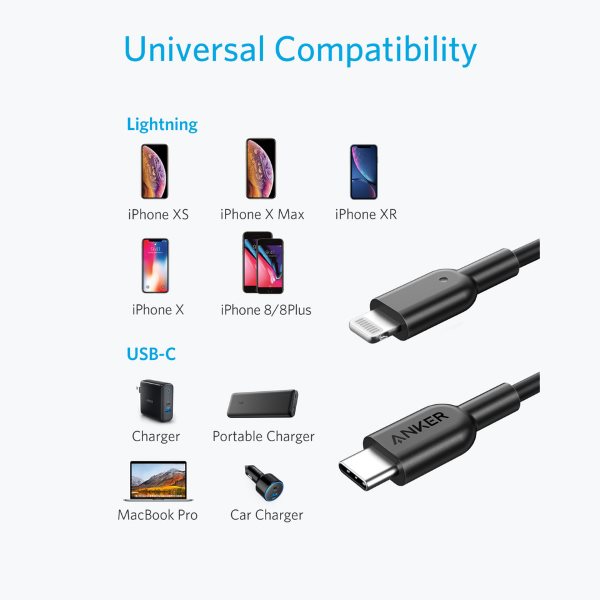 Anker PowerLine II Lightning till USB-C kabel, 90cm svart för iPhone och laddning med USB-C