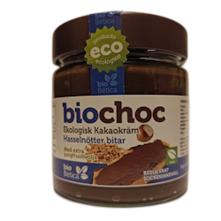 Ekologisk Kakaokräm med Hasselnötsbitar- Vegan. 200g. Fri från palmolja, laktos, gluten. Reducerat sockerinnehåll.