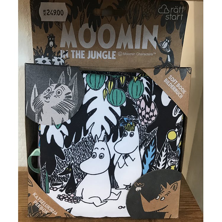 Moomin Soft Book Jungle.  En färgstark, rolig och mjuk bok med skallra för de unga Muminfansen.