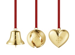 Georg Jensen 2025 Jul set med hjärta, klocka och kula. 18 Karat guldpläterat. Ornament 3 delar