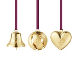 Georg Jensen 2025 Jul set med hjärta, klocka och kula. 18 Karat guldpläterat. Ornament 3 delar