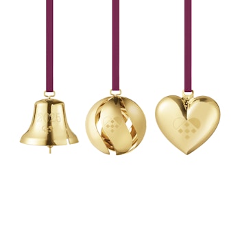 Georg Jensen 2025 Jul set med hjärta, klocka och kula. 18 Karat guldpläterat. Ornament 3 delar