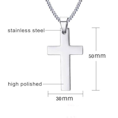 Kors i silver. Rostfritt stål med halskedja.