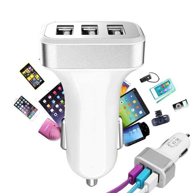 Billaddare med 3 USB-Port Silver,1A/2A/2.1A till iPhone iPad Samsung,Universal