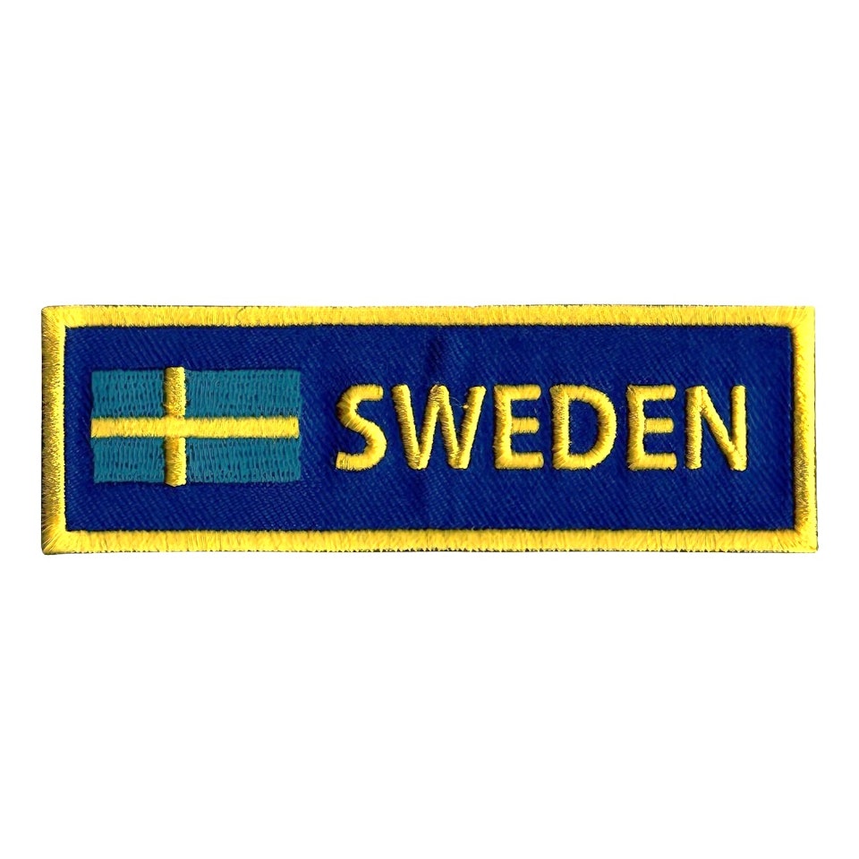 SWEDEN Tygmärke,Broderad,Iron-on,Mått 9,5 x 3 cm.
