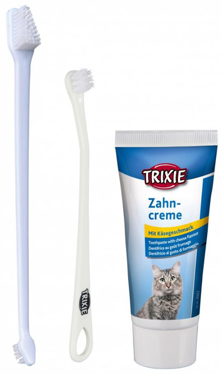 Trixie Tandvårds set till katt, 2 borstar + tandkräm, ostsmak