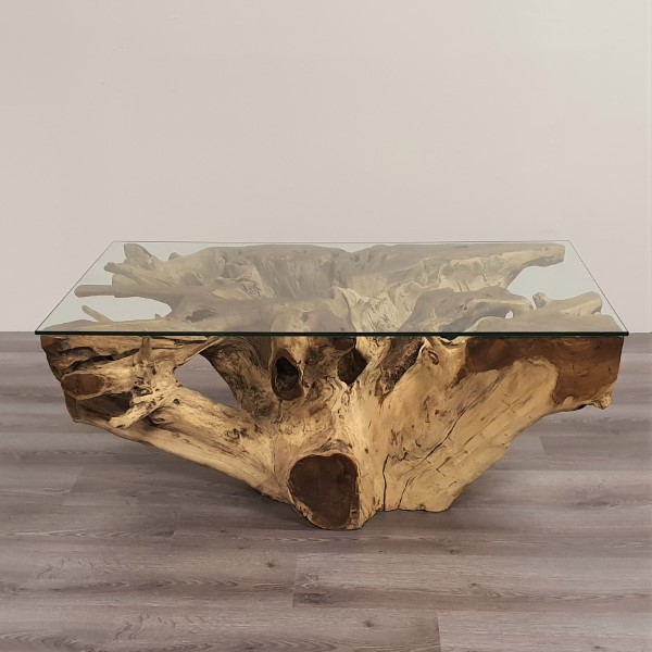 fyrkantigt soffbord av glass och trärot