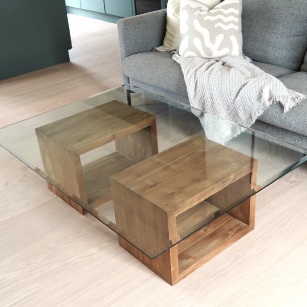 Soffbord Glas med kuber av trä - Rektangulärt vardagsrumsbord 1