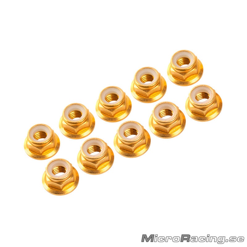 ULTIMATE RACING - M4 Nylon Nut W/Flanged, Gold, Aluminum (10pcs)
