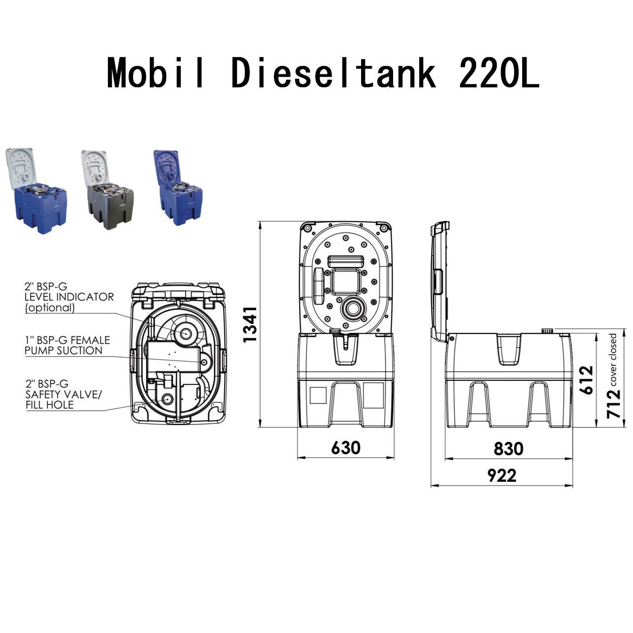 Mobil dieseltank 220l - 12V / 24 v / 230 v med eller utan lock