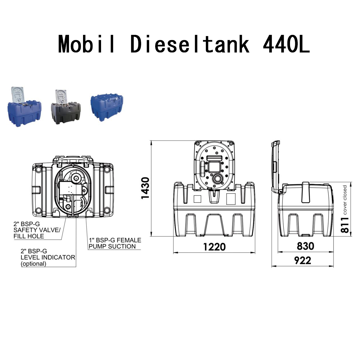 Mobil dieseltank 440l med lock - 12V / 24v / 230v