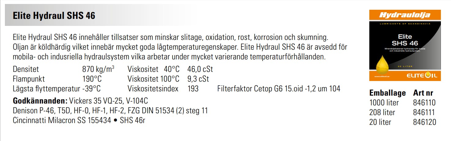 Elite Hydraulolja SHS 46 - 20 liter (dunk), 220 liter (fat), 1000 liter (IBC)
