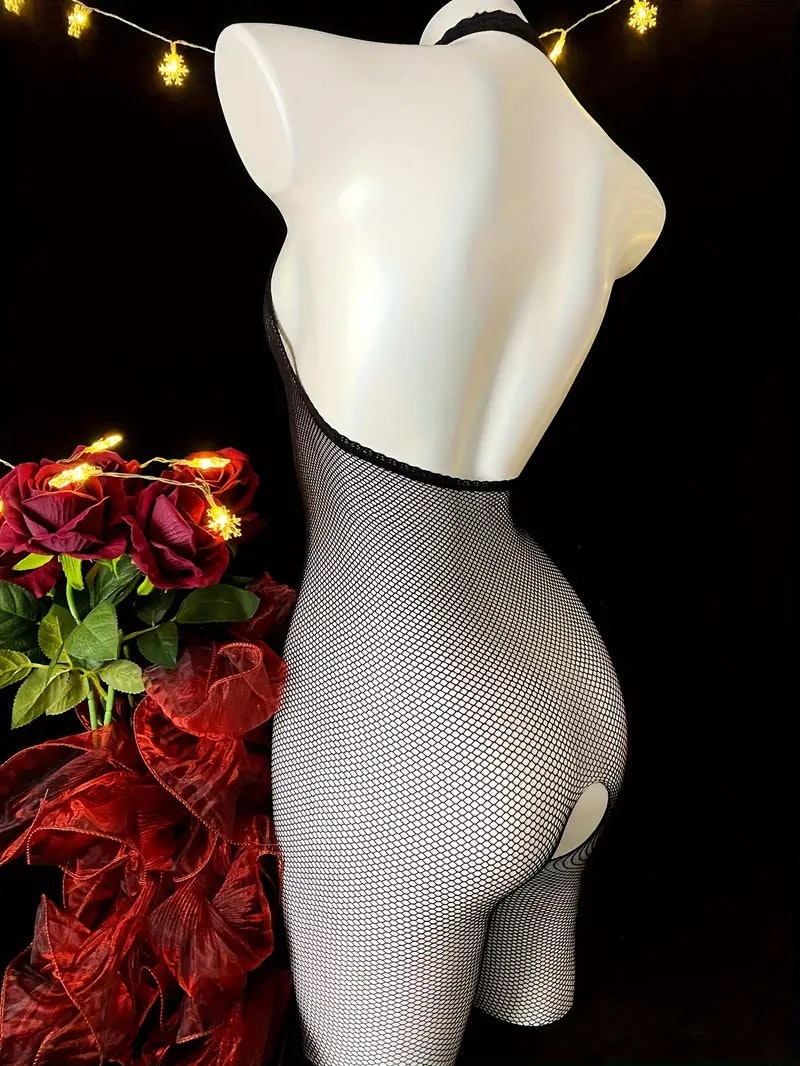 Stilig Mesh Design| Elegant Svart Blonder Halter Bodysuit med Houndstooth Mesh Mønster