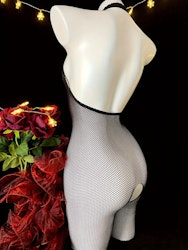 Stilig Mesh Design| Elegant Svart Blonder Halter Bodysuit med Houndstooth Mesh Mønster