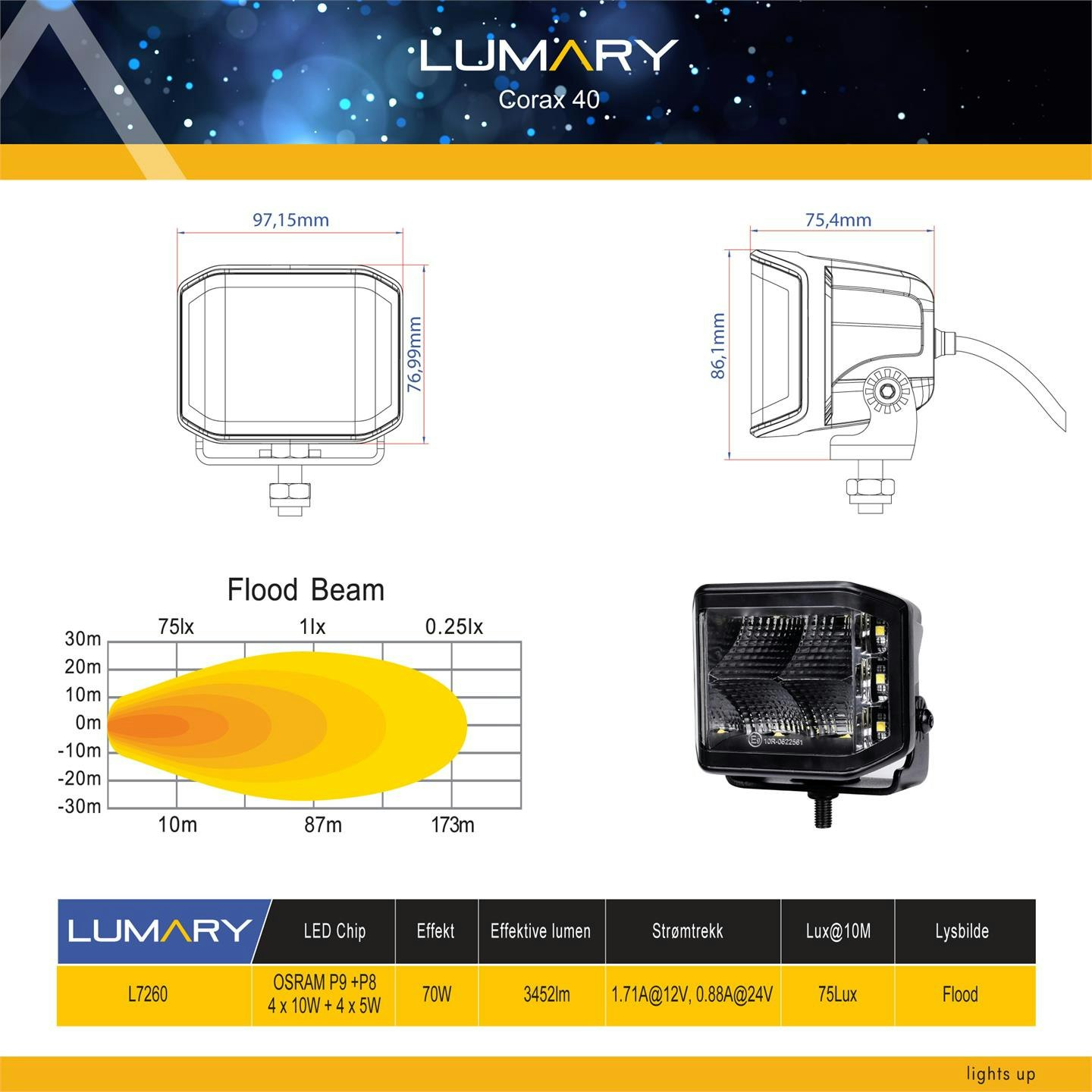 Lumary Corax 40 arbeidslys Flood/Spot med SideLED 70watt