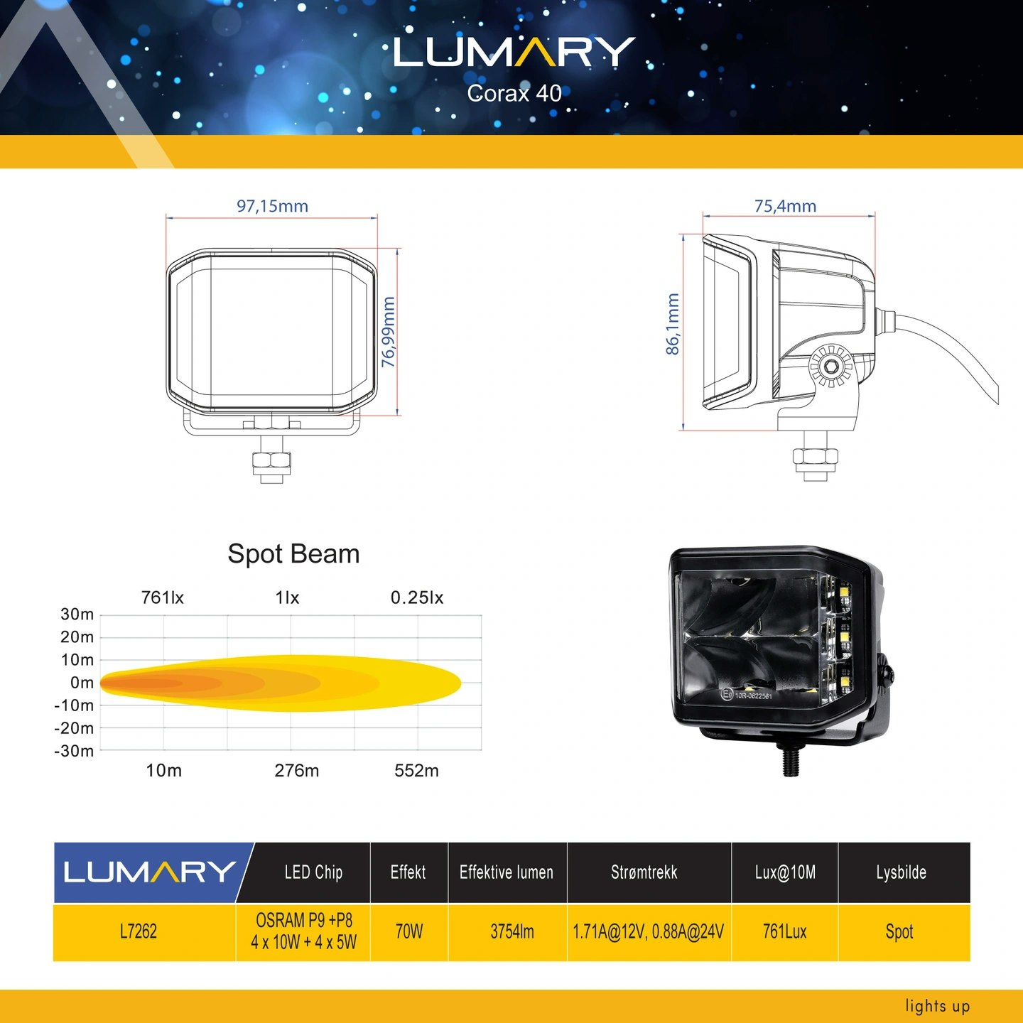 Lumary Corax 40 arbeidslys Flood/Spot med SideLED 70watt
