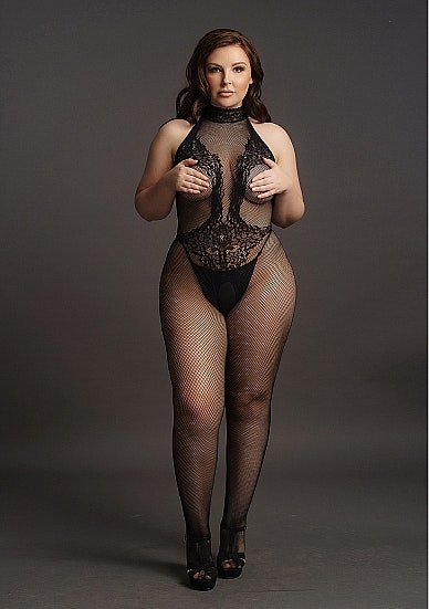 Fishnet and Lace Bodystocking - Plus Size - Sort