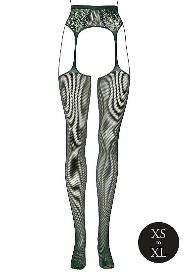 Fishnet and Lace Garterbelt Stockings - One Size - Grønn