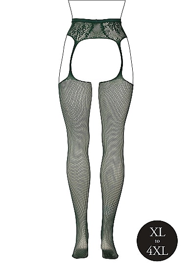 Fishnet and Lace Garterbelt Stockings - Plus Size - Grønn