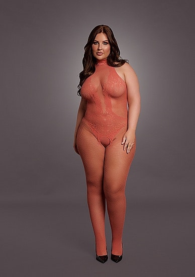 Korallfarget Fishnet og Blonde Bodystocking - Plus Size