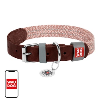 Dog collar made of natural leather and recycled material with QR code Waudog size S, width 15 mm, brown