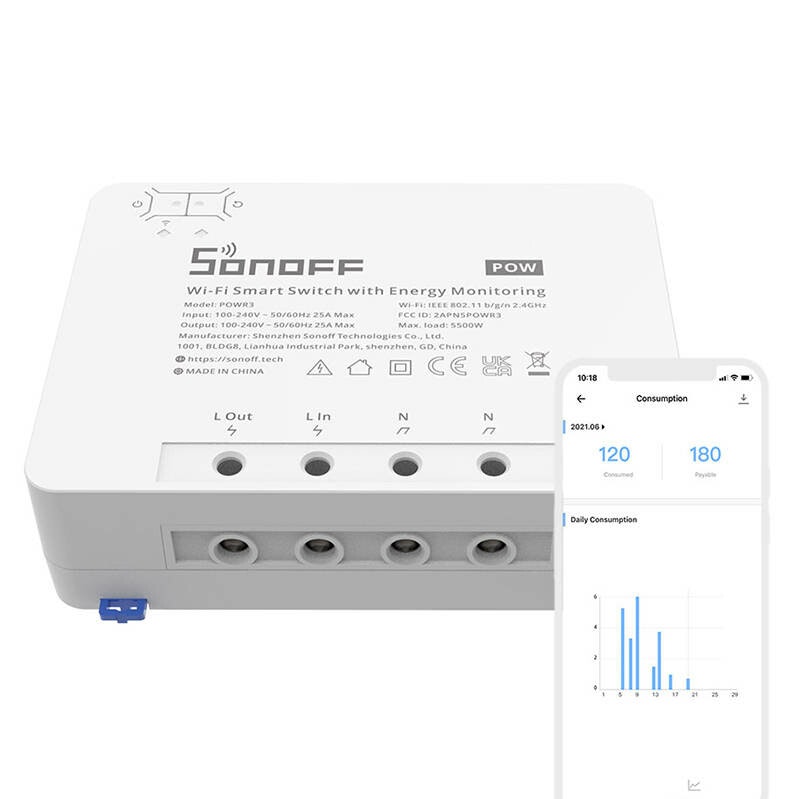 Sonoff POWR3 Smart strömställare 100-240 V 50 / 60 hz 25 A 162 mm Vit