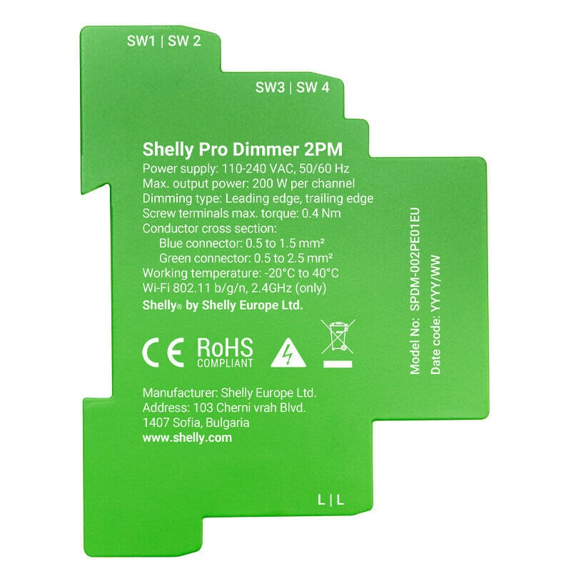 Shelly Pro Dimmer 2 2-kanals DIN-skenmonterad dimmer