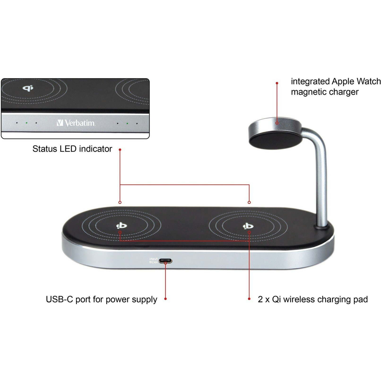 Verbatim Wireless 3-in-1 charging stand WCS-03, Qi, MFi, charging station (black/aluminum, for Apple Watch, iPhone, etc.)