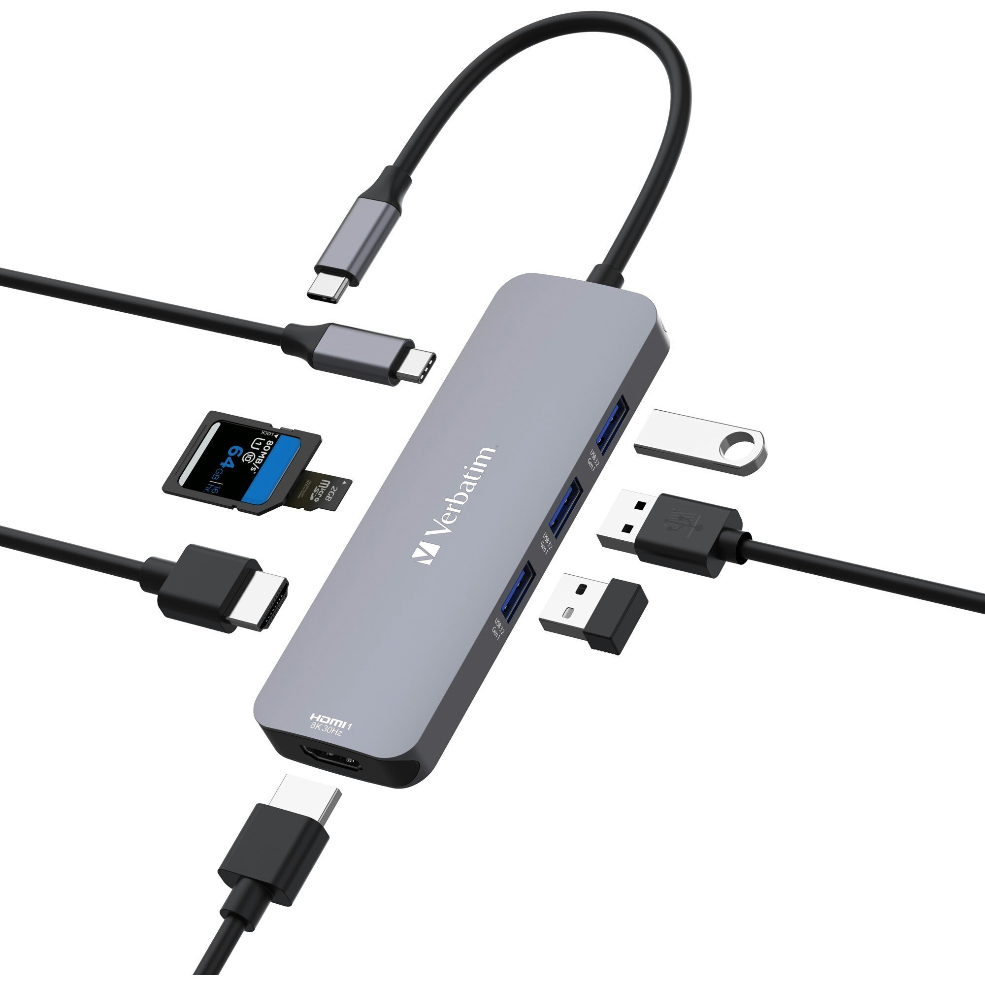 Verbatim Verbatim USB-C Pro multiport hub CMH-08, 8 port, docking station (grey, 2x HDMI, 3x USB-A, USB-C PD, SD, microSD)