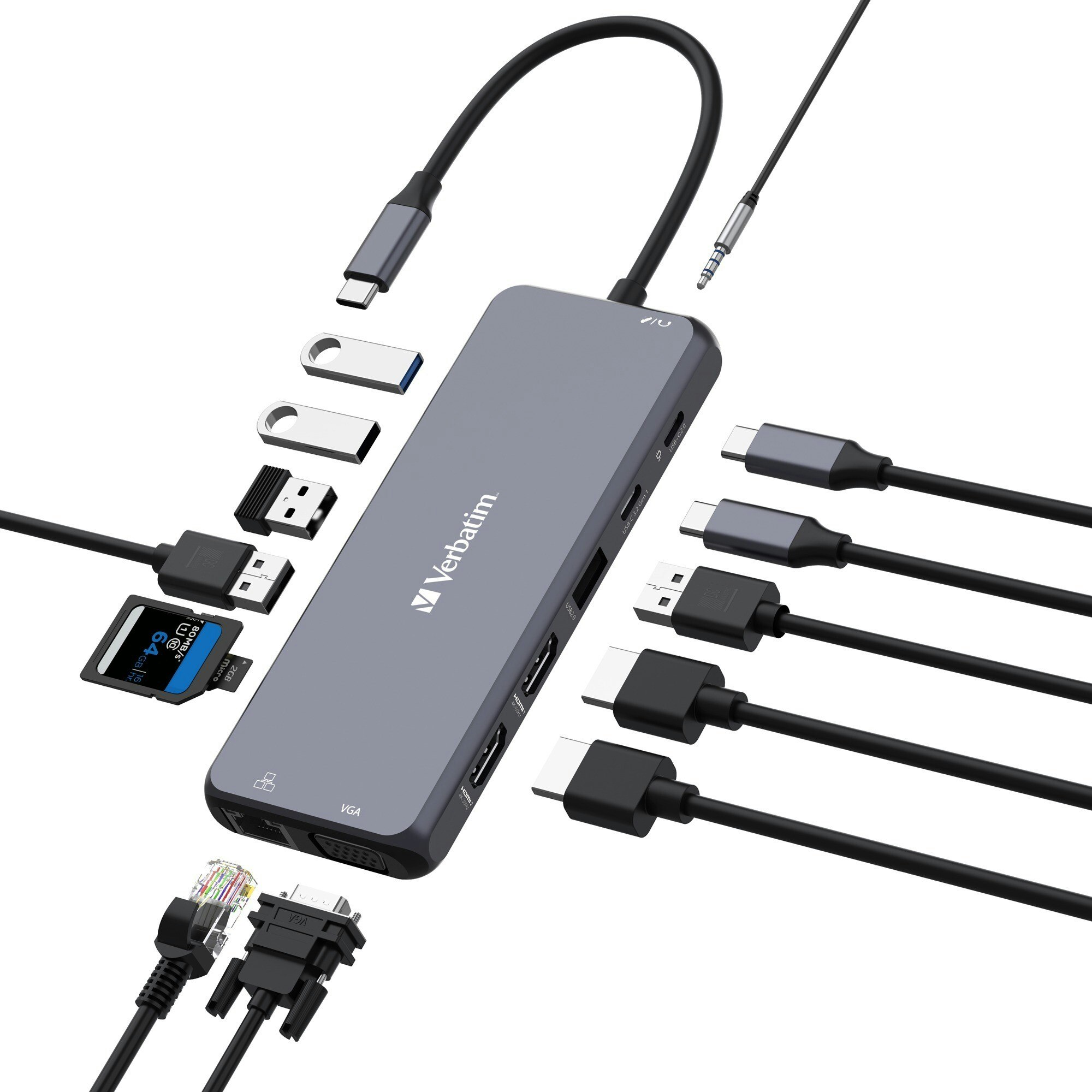 Verbatim USB-C Pro multiport hub CMH-14, 14 port, docking station (grey, 2x HDMI, VGA, RJ-45, 5x USB-A, audio, 2x USB-C, PD, SD, microSD)