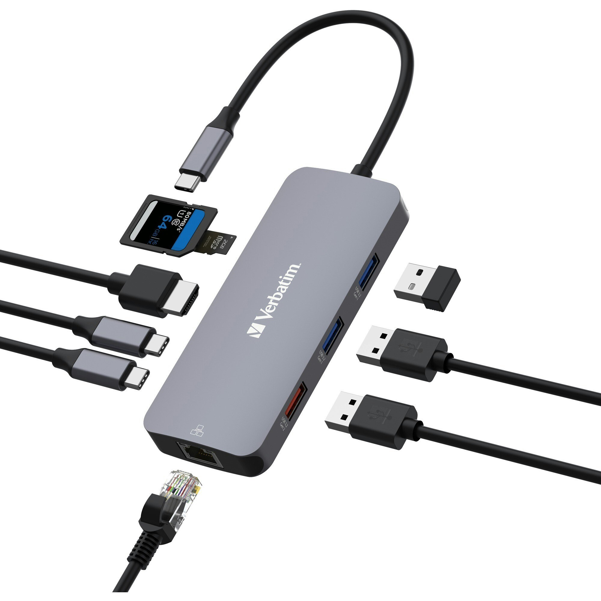 Verbatim Verbatim USB-C Pro multiport hub CMH-09, 9 port, docking station (grey, HDMI, RJ-45, 3x USB-A, 2x USB-C, PD, SD, microSD)