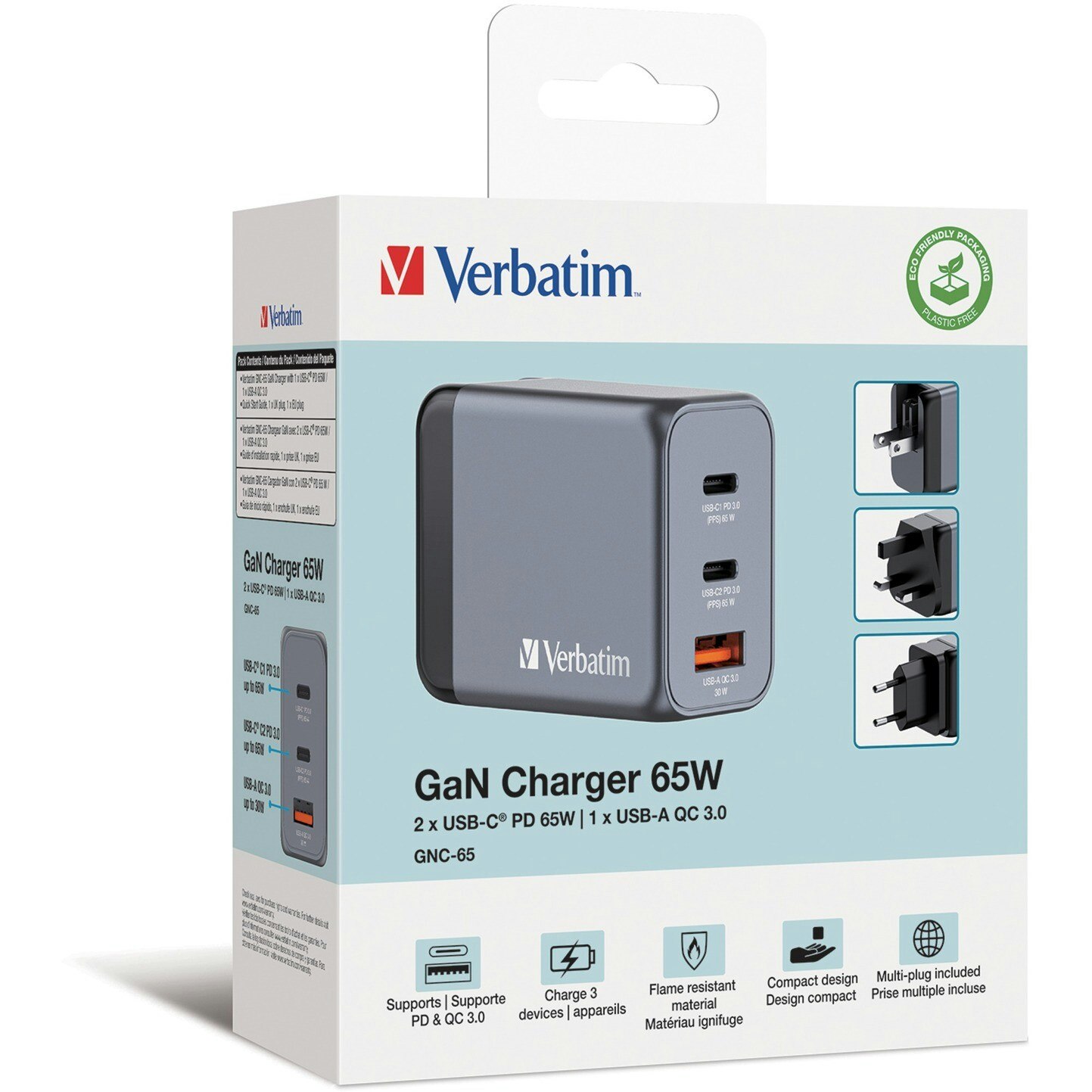 Verbatim GaN charger 65W, 1x USB-A, 2x USB-C (grey, PD 3.0, QC 3.0)